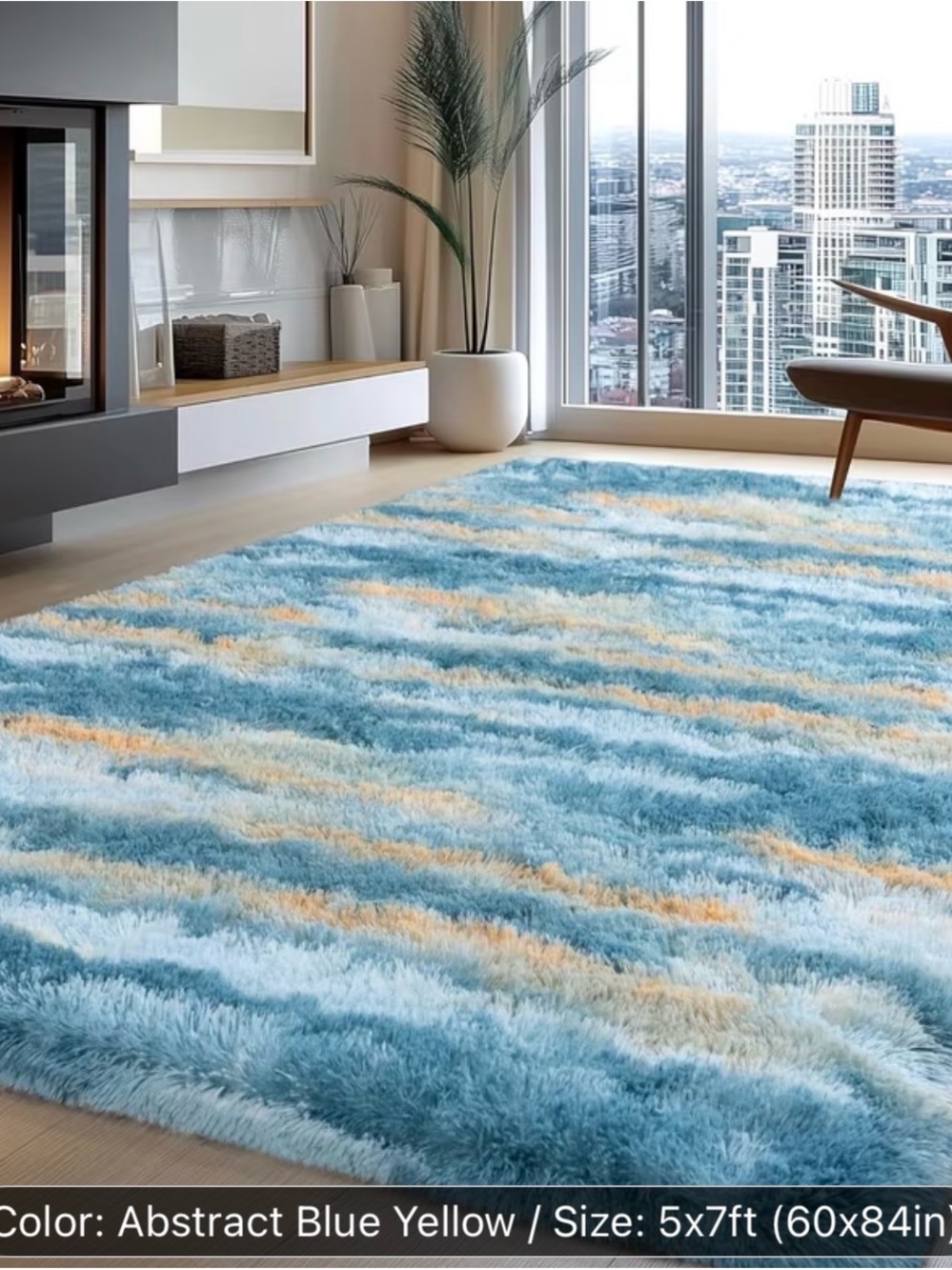 Plush Abstract Blue & Yellow Area Rug - Picture 3 of 7